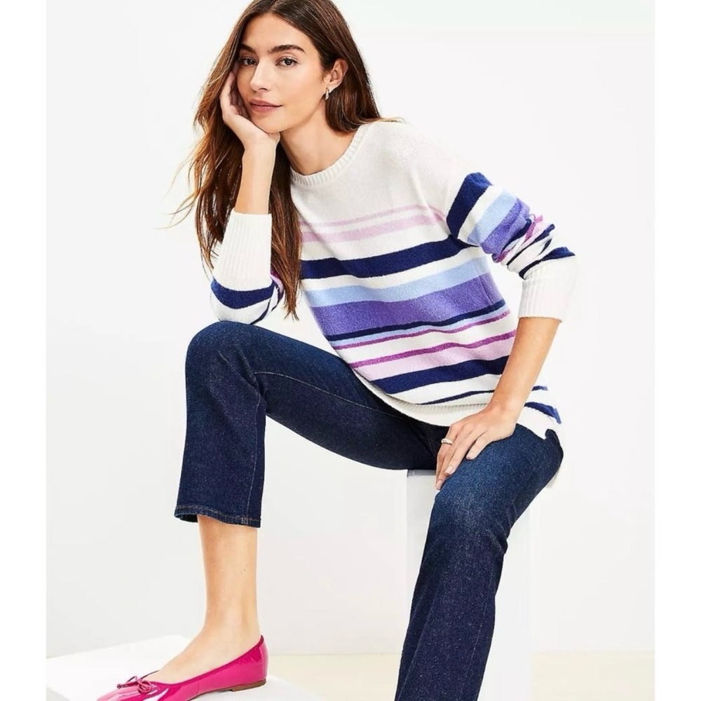 NWT  LOFT  White & Purple Striped Drop Shoulder Tunic Pullover Sweater - XS
